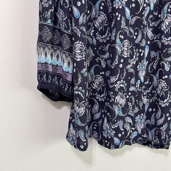 Garnet Hill Boho Border Print Blouse 6 Blue Paisley Floral Peasant Crinkle Shirt - Picture 4 of 9